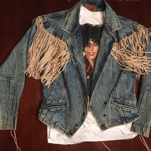 Vintage Acid Wash Denim Fringe Jacket!!